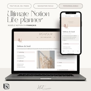 Ultimate Notion Template. All-in-one Notion Dashboard. Digital planners, trackers, habits and finances. FRENCH version Notion template.