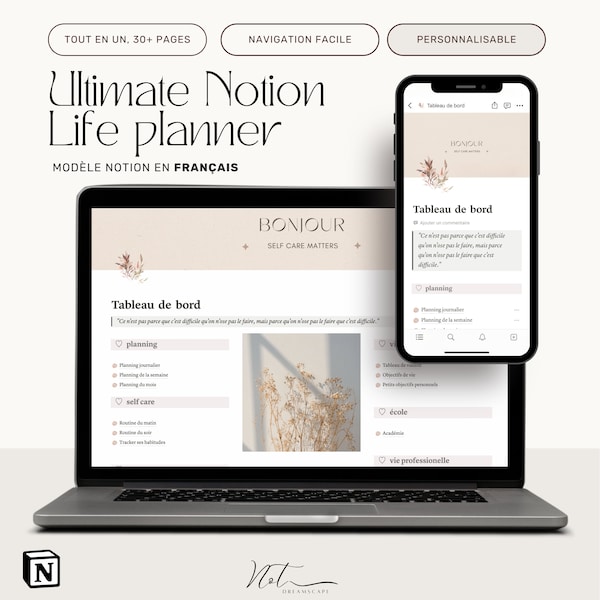 Modèle Notion Ultime. Notion tableau tout en un français. Notion agenda, journal, habitudes, planning et finances. Notion dashboard français
