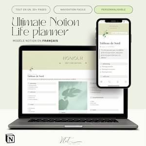 Ultimate Notion Template. All-in-one Notion Dashboard. Digital planners, trackers, habits and finances. FRENCH version Notion template.