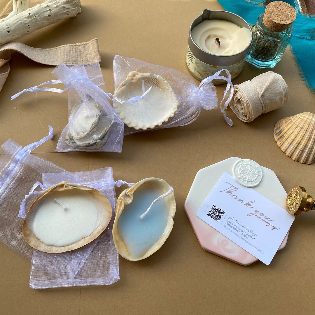Set of 3 Seashell Wedding Candles, Nautical Party Decor, Beach Theme Candle Favors, Ocean