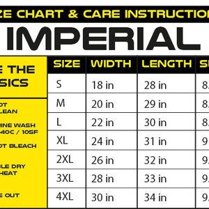 May include: A yellow and black size chart for clothing with the word "IMPERIAL" in large black letters. The chart shows sizes S through 4XL with corresponding measurements for width, length, and sleeve in inches.