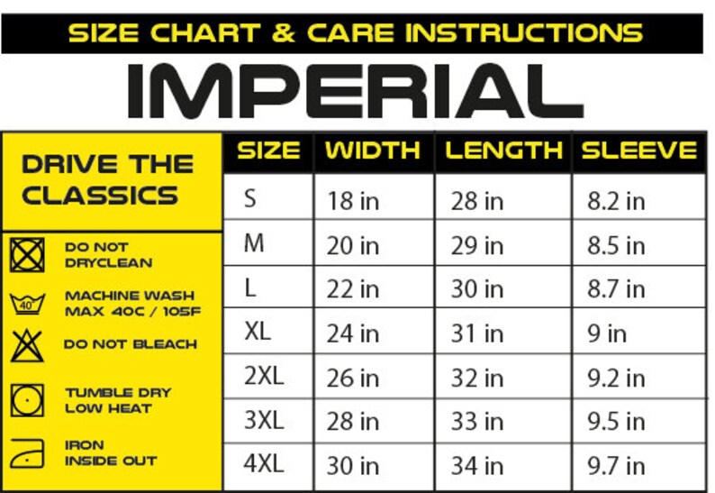 May include: A yellow and black size chart for clothing with the word "IMPERIAL" in large black letters. The chart shows sizes S through 4XL with corresponding measurements for width, length, and sleeve in inches.