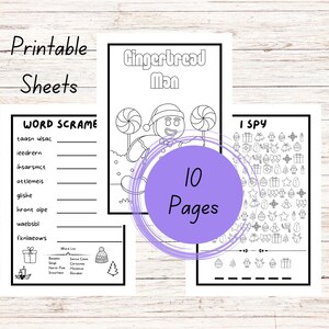 May include: A printable activity pack with 10 pages featuring a gingerbread man, word scrambles, and an I Spy game. The pages are black and white and ready to be colored.