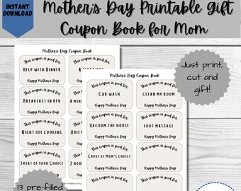 Mothers Day Printable Coupon Book, Gift for Mom - Etsy