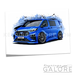 May include: A blue Ford Transit van illustration with a sporty design. The van features a lowered suspension, custom wheels, and a front splitter. The background has blue paint splatters. The word "TRANSIT" is visible on the front.