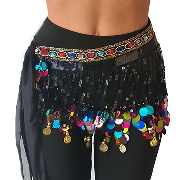 Belly dance hip scarf black multi color