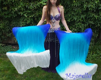 Silk belly dance fan veils in blue turquoise white