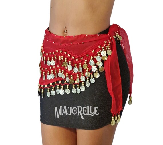 Women's Belly Dance Hip Scarf With Gold/Silver Coins – Chiffon Wrap Skirt Belt (USA)