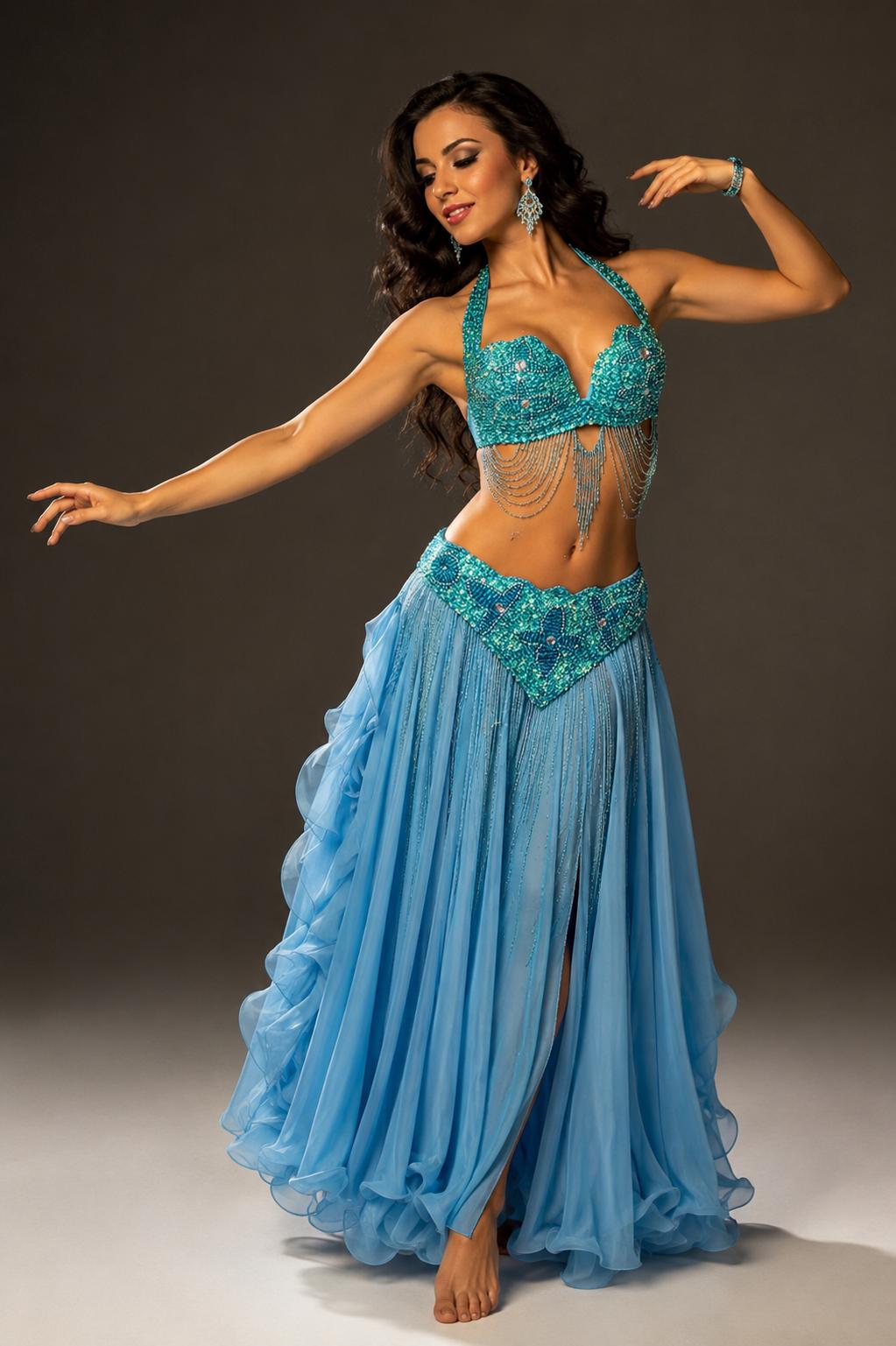Hand crafted belly dance bras in turquoise or black - or costume turquoise