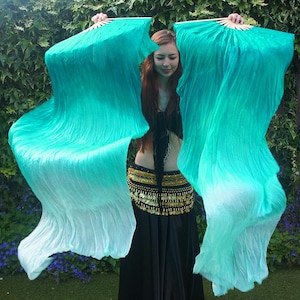 Velos de seda para danza del vientre en degradado de verde pavo real a blanco