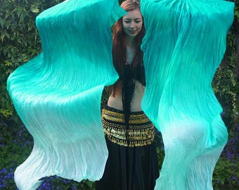 Velos de seda para danza del vientre en degradado de verde pavo real a blanco