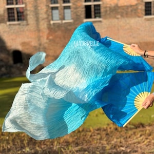 Silk belly dance fan veils turquoise to white gradient