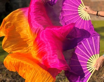 Silk belly dance fan veils in purple fuchsia orange