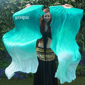 Silk belly dance fan veils peacock green to white gradient