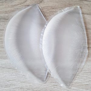 May include: A pair of clear, crescent-shaped silicone bra inserts. These flexible, smooth, and translucent gel pads feature a curved design with a thin, sealed edge, providing a soft texture and a rounded, contoured shape for garment support.