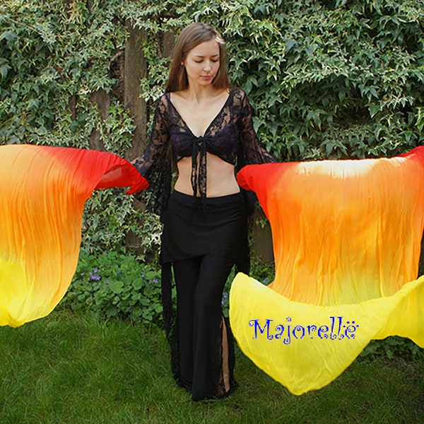 Silk belly dance fan veils in red orange yellow