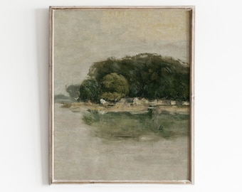 impression vintage de paysage de lac | Peinture à l'huile de pays | Art imprimable de la ferme