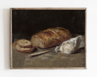 May include: A still life painting of bread. The painting features a loaf of bread, a few slices of bread, and a smaller loaf of bread wrapped in white paper. The painting is set against a dark background.