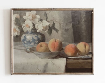 Vintage Kitchen Still Life Painting | Farmhouse Print | Oil Painting Print | Printable Artwork | Kitchen Art | Peaches