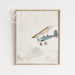 Arte de pared para habitación de niños, avión retro en acuarela azul, impresión de avión, arte de pared para habitación de niños, decoración vintage para habitación de niños, impresión para sala de juegos