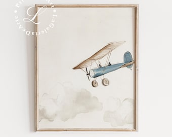 Plane Nursery Wall Art | Blue Watercolor Retro Plane | Airplane Print | Boys Room Wall Art | Vintage Nursery Decor | Playroom Print