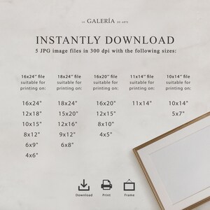 May include: A chart showing the different sizes of digital art prints available for download. The chart lists the print size in inches, and the corresponding frame sizes that the prints would fit in. The chart also includes icons for download, print, and frame.