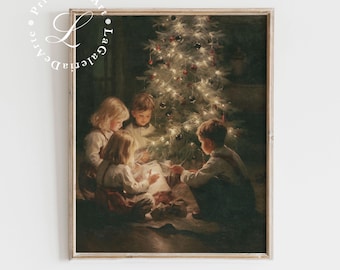 May include: A vintage Christmas card illustration of four children gathered around a decorated Christmas tree, lit with twinkling lights. The children are dressed in warm clothing and appear to be sharing a moment of joy and wonder.