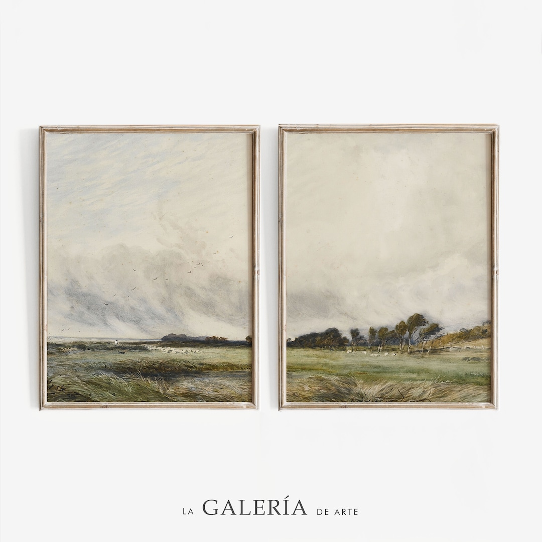 Rustic Muted Green Landscape Painting Set | Vintage Neutral Gallery ...