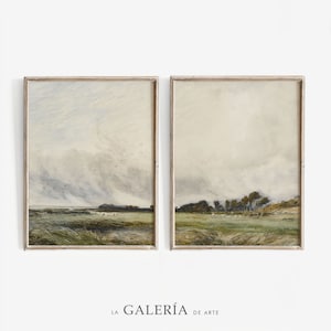 Rustic Muted Green Landscape Painting Set | Vintage Neutral Gallery Wall Art | Summer Art Print | Set of 2