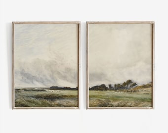 Rustikt, dämpat grönt landskapsmålningsset | Vintage Neutral Galleriväggkonst | Sommarkonsttryck | Set om 2