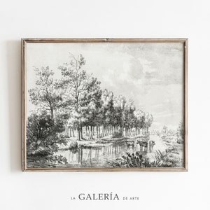 Antique Landscape Sketch | Neutral Farmhouse Print | Country Scene Art