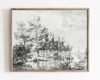 Antique Landscape Sketch | Neutral Farmhouse Print | Country Scene Art