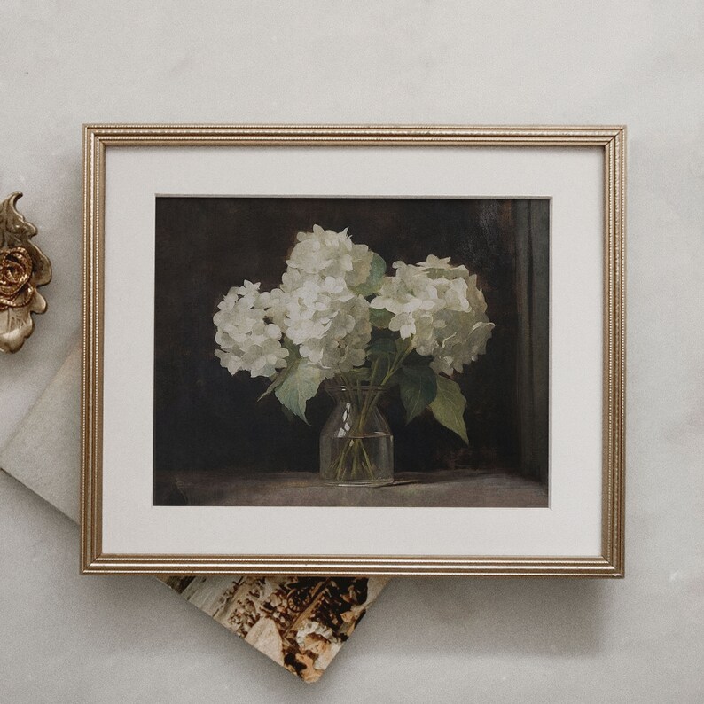 Vintage Flower Print | Hydrangea Painting | Dark Moody Antique ...