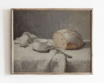 May include: A still life painting of a loaf of bread, a white cup and saucer, and a silver fork on a white tablecloth. The background is a muted gray.