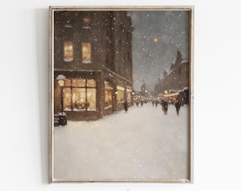 Antique Winter Wall Art | Winter Cityscape Print | Christmas Printable Wall Art | Snowy City Painting | Christmas Holiday | Digital Download