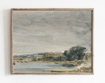 Muted Green Landscape Art Print | Riverside Painting | Vintage Neutral Wall Art