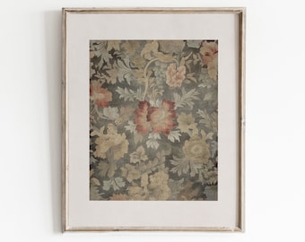 May include: A framed print of a vintage floral pattern in shades of brown, green, and pink. The pattern features a repeating design of flowers and leaves.