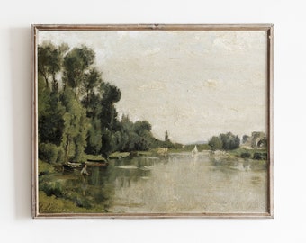impression vintage de paysage de lac | Peinture à l'huile de pays | Art imprimable de la ferme