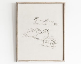 Vintage Nursery Wall Decor | Antique Sheep Sketch Print | Neutral Nursery Wall Art