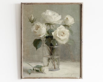 Roses Still Life Painting | White Flower Art | Vintage Botanical Print