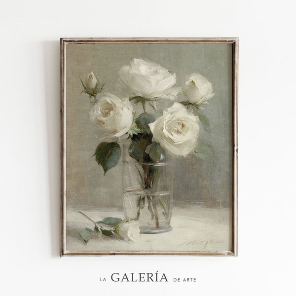 Roses Still Life Painting | White Flower Art | Vintage Botanical Print