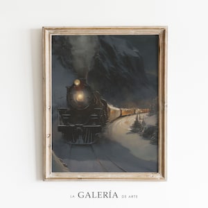 May include: A vintage-style painting of a steam locomotive train traveling through a snowy mountain pass at night. The train is illuminated by its headlights and the windows of the passenger cars. The mountainside is covered in snow and the sky is dark with a few stars visible.