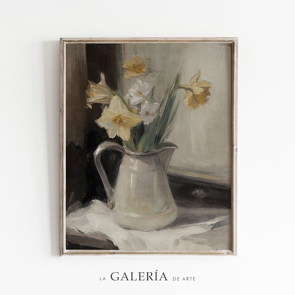 Flower Still Life Painting | Spring Wall Decor | Vintage Daffodils Print | Farmhouse Decor