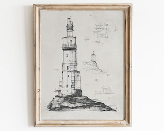Lighthouse Sketch | Black and White Coastal Print | Nautical Wall Art