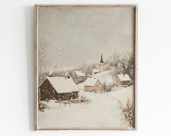 Winter Wall Art | Christmas Village Printable Art | Vintage Christmas Pinting | Winter Cityscape Painting | Holiday Decor | Digital Download