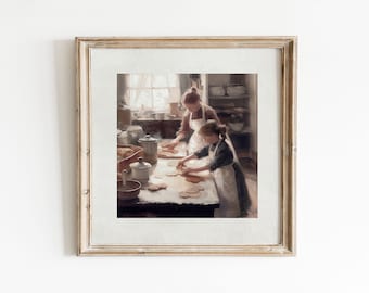 Mom and Daughter Baking | Rustic Painting | Kitchen Decor | Vintage Christmas