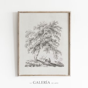 Minimalist Antique Tree Sketch Art | Neutral Landscape Drawing Wall Art | Vintage Sketch