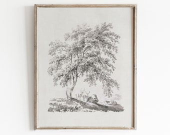 Minimalist Antique Tree Sketch Art | Neutral Landscape Drawing Wall Art | Vintage Sketch