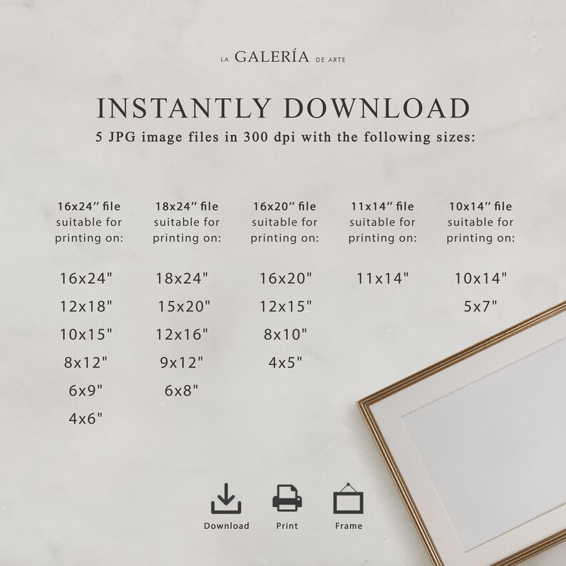 May include: A chart showing the different sizes of digital art prints available for download. The chart lists the print size in inches, and the corresponding frame sizes that the prints would fit in. The chart also includes icons for download, print, and frame.