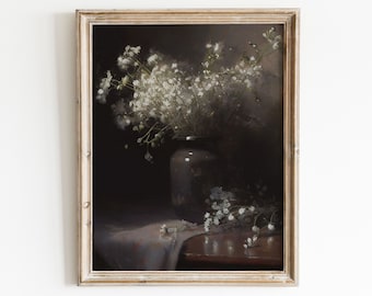 Flower Still Life Painting | White Flower Print | Dark Vintage Art